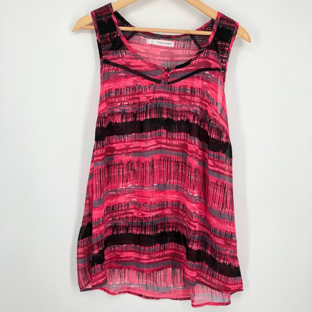 Maurices Womens Tank Top Blouse Size 2X Pink Abstract Sleeveless Sheer Smocked